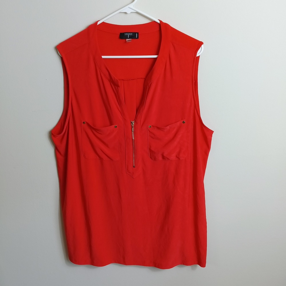Tahari Blouse Woman 2X Red Good Zip Front Sleeveless Plus Size Utility Top